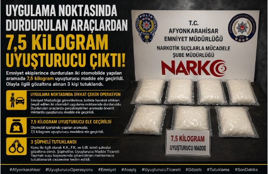Uygulama Noktasında Durdurulan Araçlardan 7,5 Kilogram Uyuşturucu Çıktı